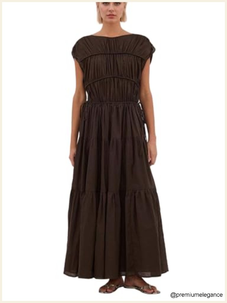 Women's Pleated Ruched Tiered Maxi Dress Sleeveless Patchwork Ruffle Hem A Line